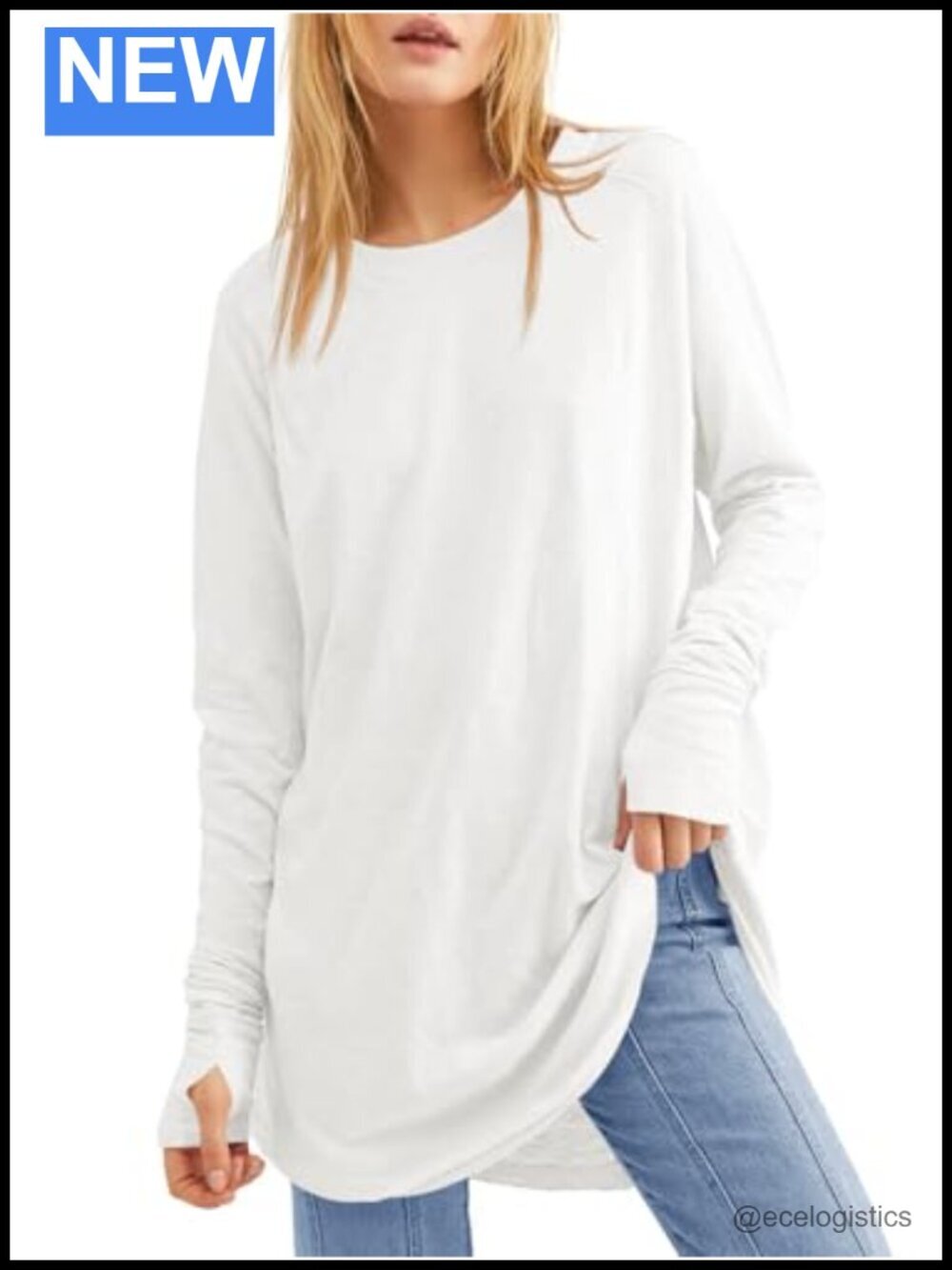 Casual Long Sleeve Crew Neck Tunic Top with Thumb Holes